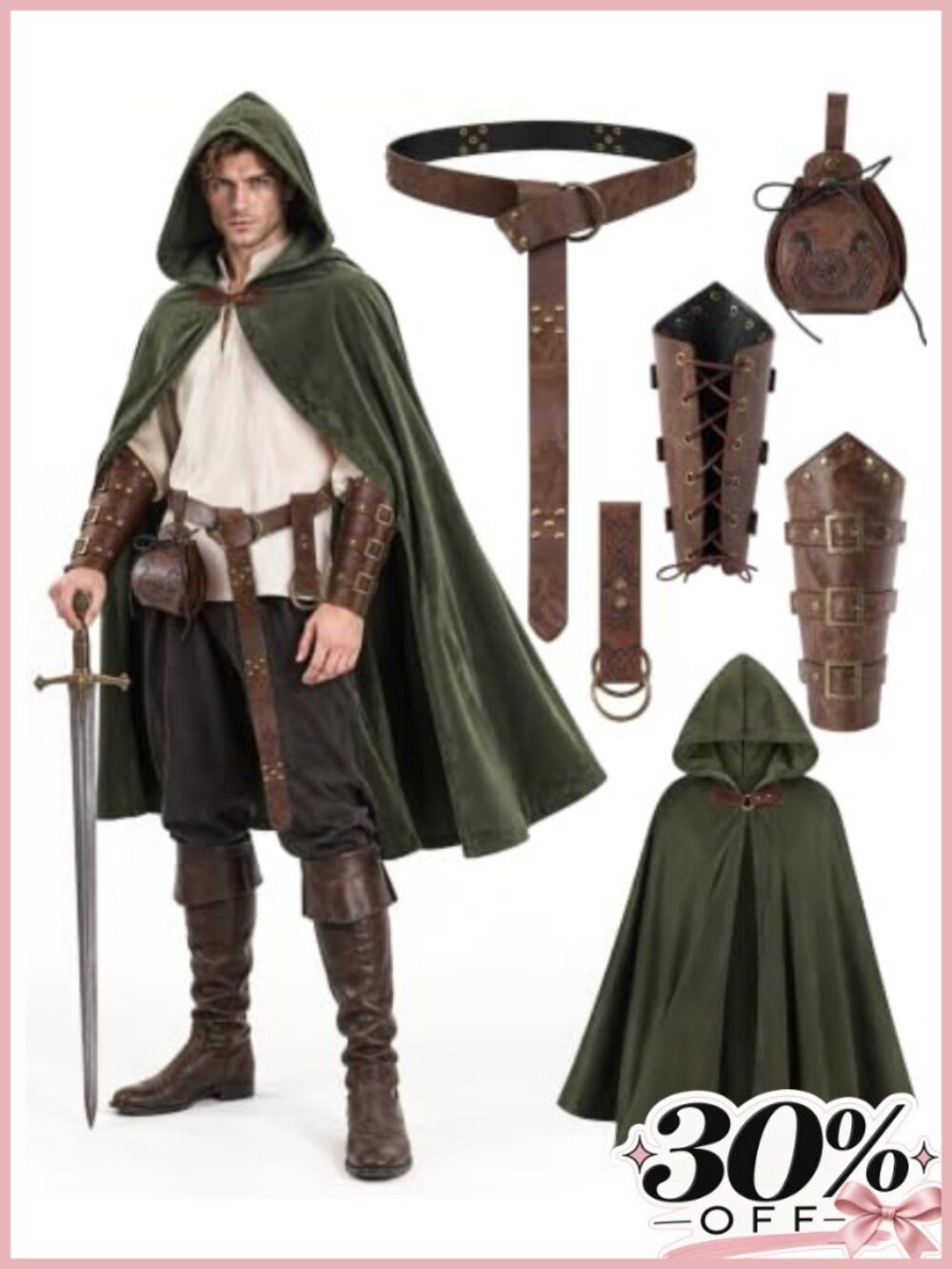 Medieval Hooded Cloak Renaissance Costume Set with Belt Pouch Bracers LARP
